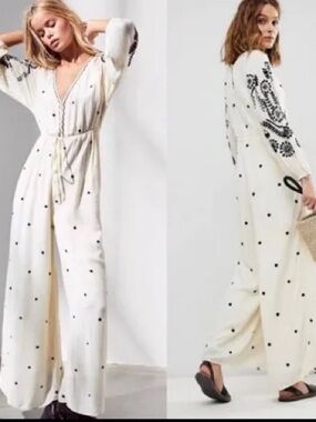 Free People Ivory Black Embroidered Wide-Leg Boho Indie Jumpsuit Women’s XS